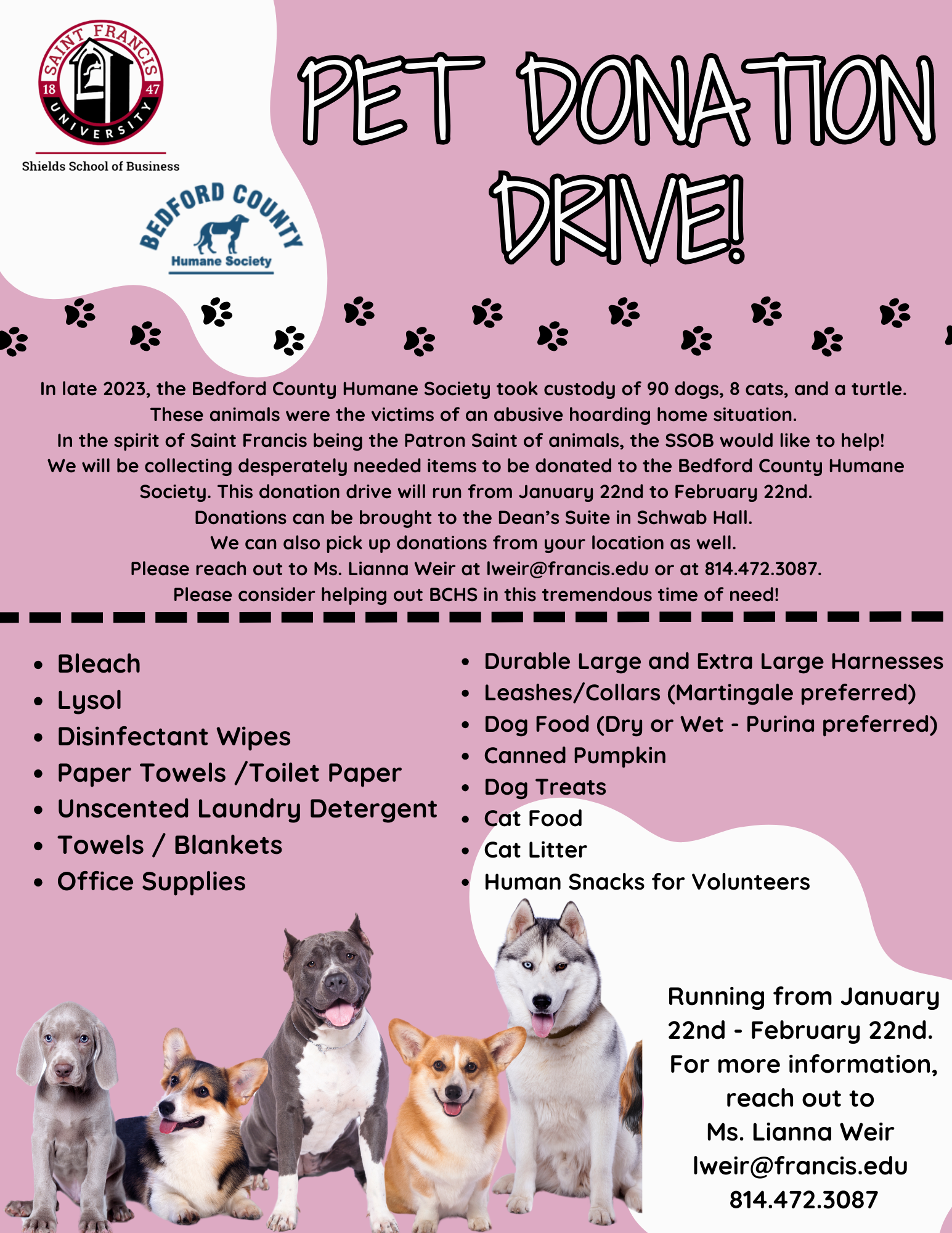 Pet Donation Drive for Bedford County Humane Society! Saint Francis